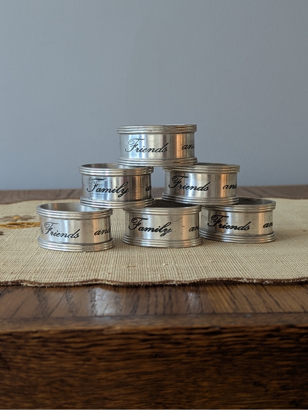 Pottery Barn Friends and Family Antiqued Silver Tone Oval Napkin Rings Set of 6
